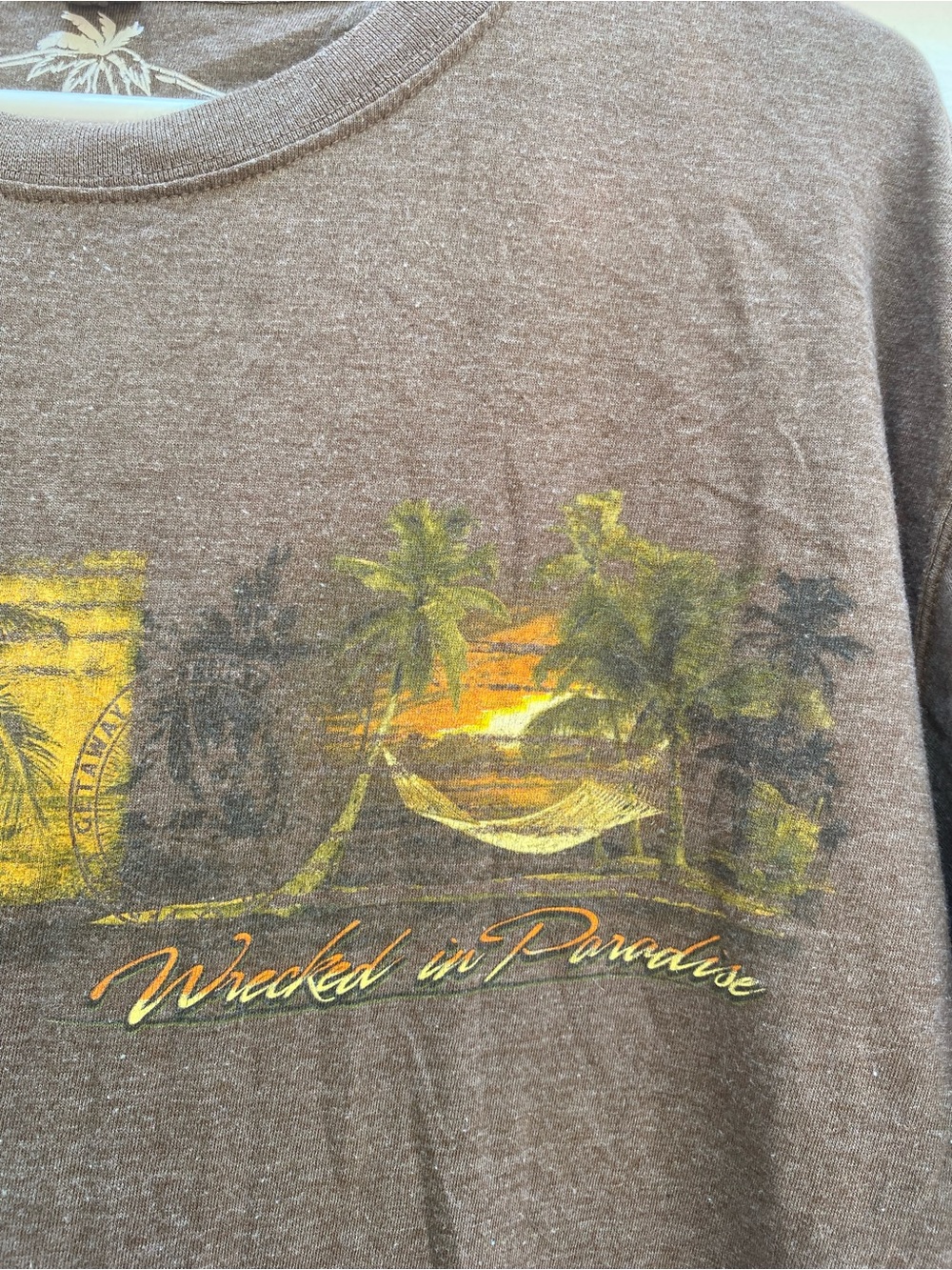Newport Brown Graphic Palm Logo Tee “Wrecked in Paradise”
